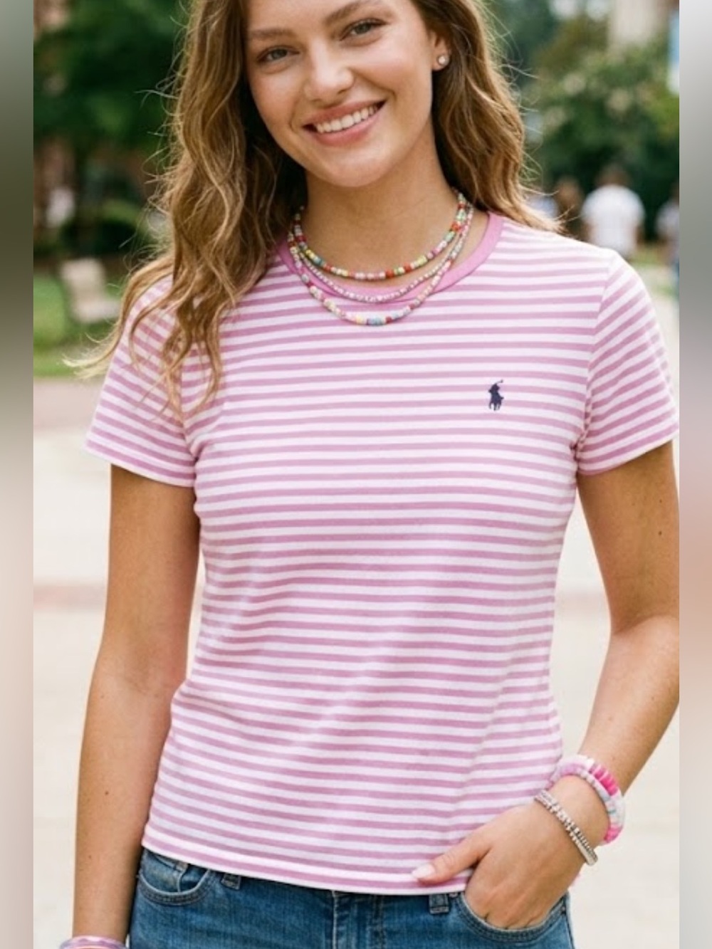 Vtg 90s Polo by Ralph Lauren L Pink and White Striped Crew Tee shirt